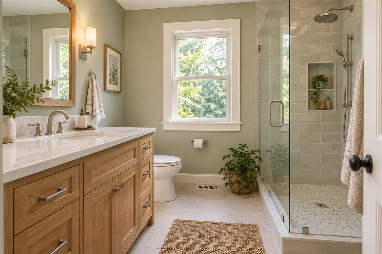 Finished bathroom with an oak vanity, sage walls, and a glass shower