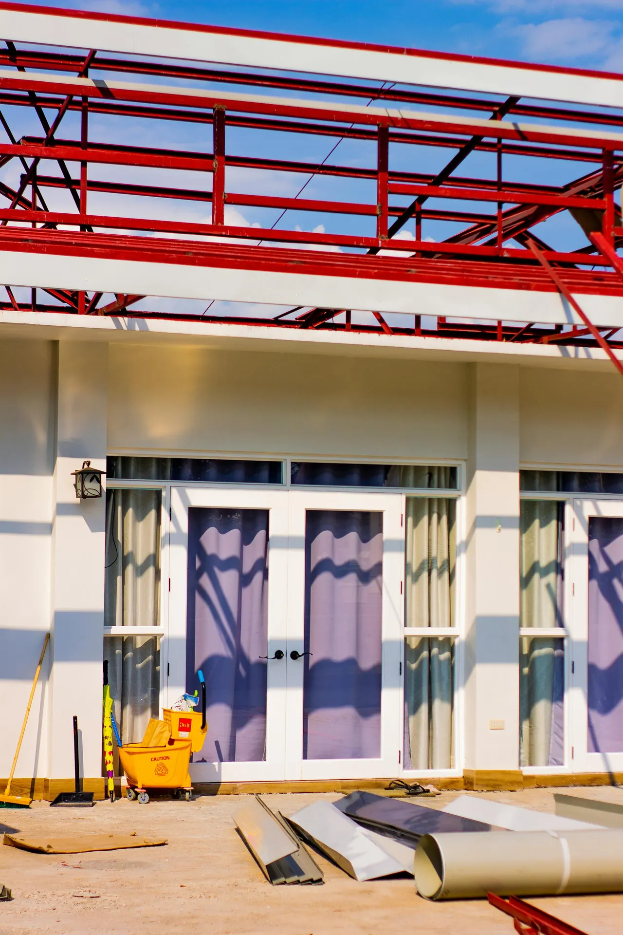 Exterior steel framing at a construction site